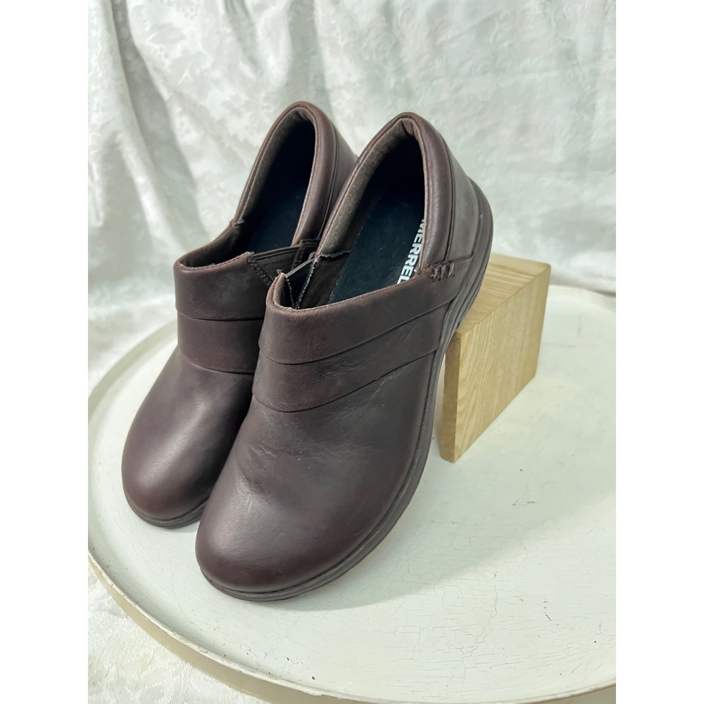 Merrell Women Espresso Brown Leather Slip On Clogs Shoes J51694 Size 6.5